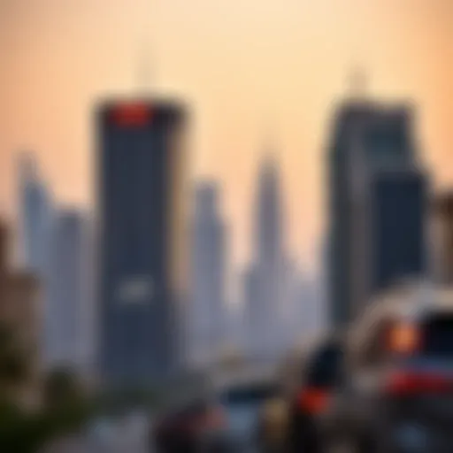 Stunning view of Al Kawakeb Building against the Dubai skyline