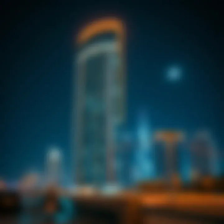 Night view of Al Maha Tower illuminated against the Dubai skyline