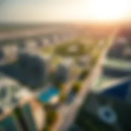 A stunning aerial view of The Valley showcasing its modern architecture and green spaces