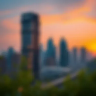 View of Dubai skyline featuring Bedaia Building at sunset