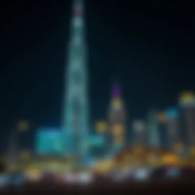 Burj Sarah at Night Nighttime illumination of Burj Sarah against the Sharjah skyline