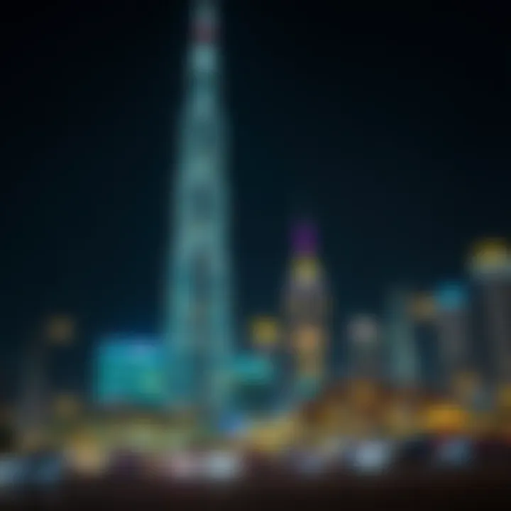 Burj Sarah at Night Nighttime illumination of Burj Sarah against the Sharjah skyline