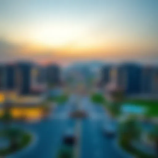 Scenic view of Jumeirah Village Circle showing key landmarks