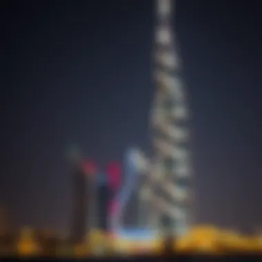 Night view of Dubai Creek Tower illuminated against the skyline