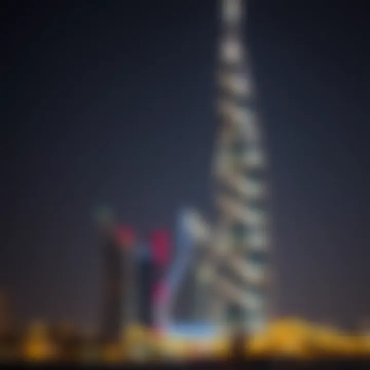 Night view of Dubai Creek Tower illuminated against the skyline