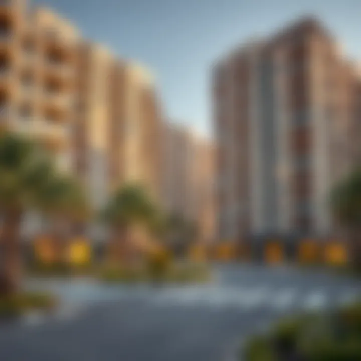 Modern residential buildings within Dubai International City emphasizing lifestyle and community