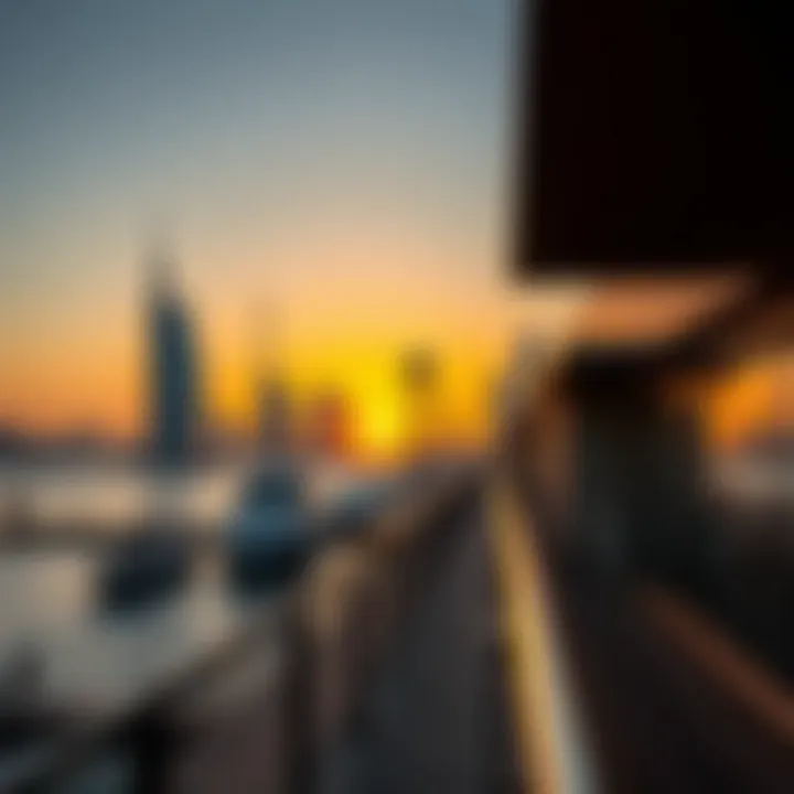 Sunset Over Dubai's Boardwalk Stunning view of Dubai's Boardwalk at sunset overlooking the skyline