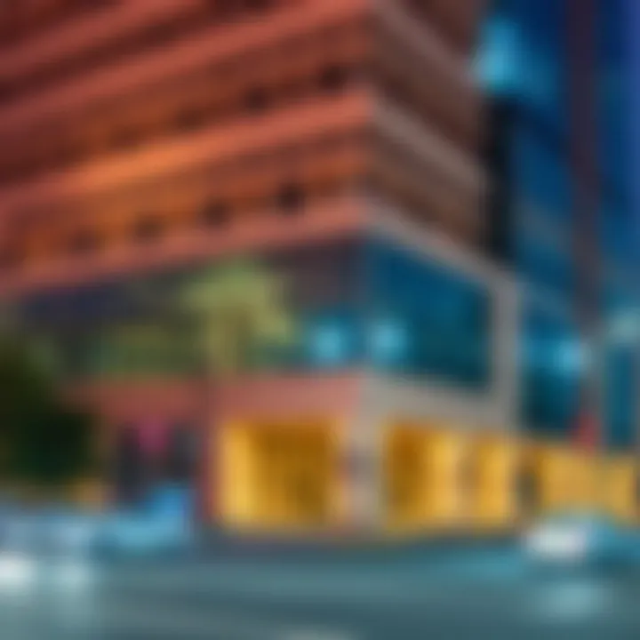 Architectural details of a prominent building along Sheikh Zayed Road