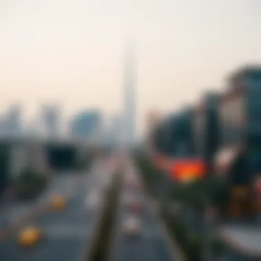 Panoramic view of Sheikh Zayed Road with Al Attar Tower in the skyline