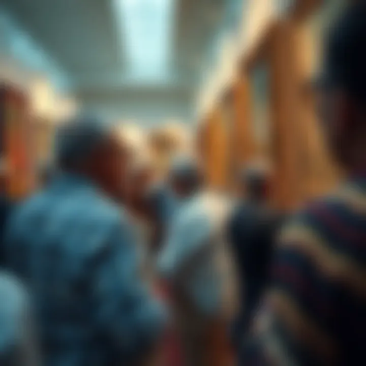 Collectors admiring unique artworks at an auction.