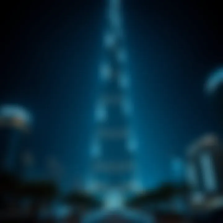 Night view of Burj Khalifa highlighting the illumination of the Wings