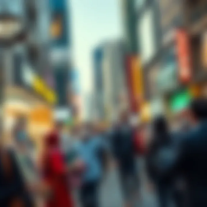 A bustling real estate market scene with agents and clients