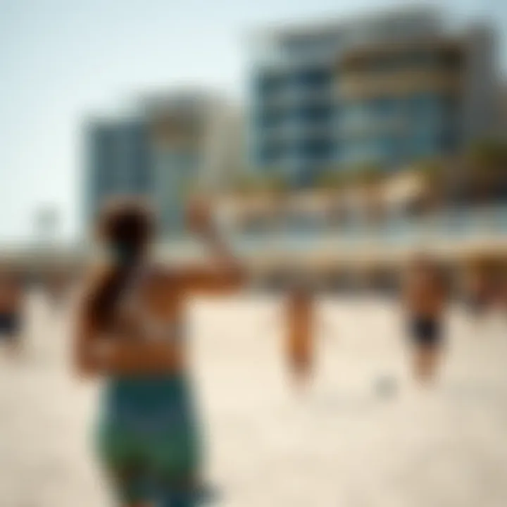 Families enjoying recreational activities like beach volleyball and water sports
