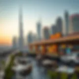A stunning view of Business Bay's skyline featuring a variety of dining establishments
