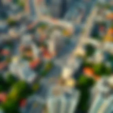 An aerial view of International City highlighting various neighborhoods