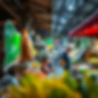 A vibrant market scene within International City depicting local amenities