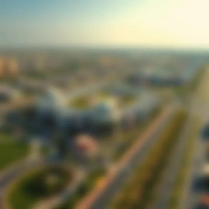 Aerial view of the surrounding community and its amenities