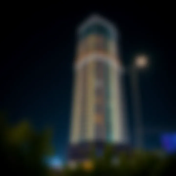 Stella Maris Tower exterior illuminated at night