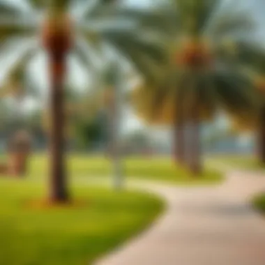A picturesque scene from the Dubai Creek Park, featuring spacious lawns and iconic palm trees.