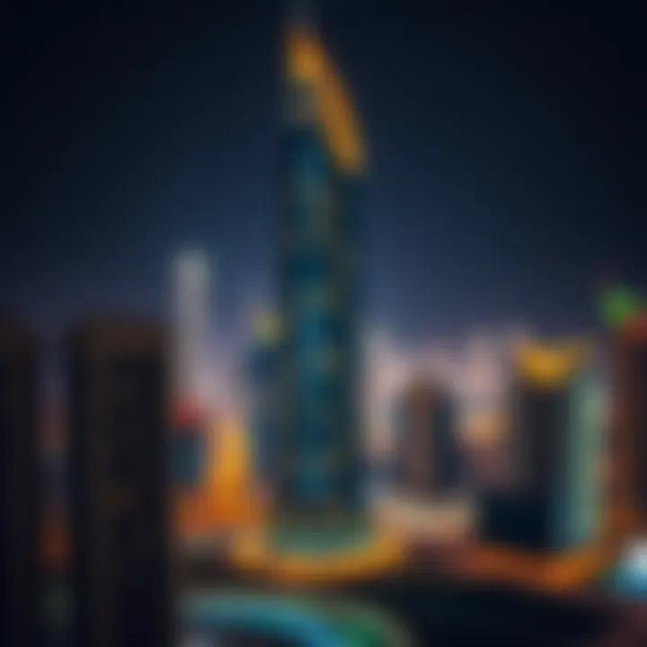 Night view of Lulu Tower illuminated against the Dubai skyline