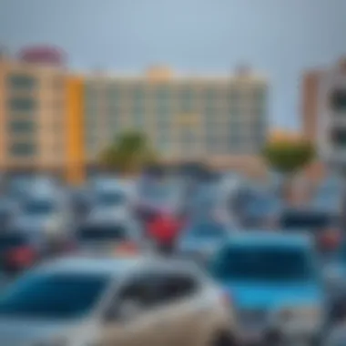 Vibrant Parking Area in Al Seef A busy parking area filled with vehicles in the heart of Al Seef.