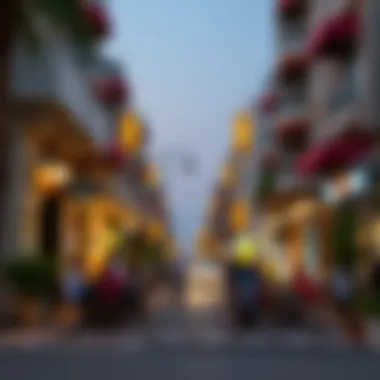 Vibrant street scene in Umm Suqeim with cafes and shops bustling with activity