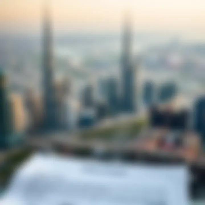 A detailed overview of Dubai's skyline with a legal document in focus
