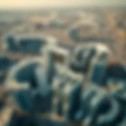 Aerial view of Dubai International City showcasing its unique architectural design