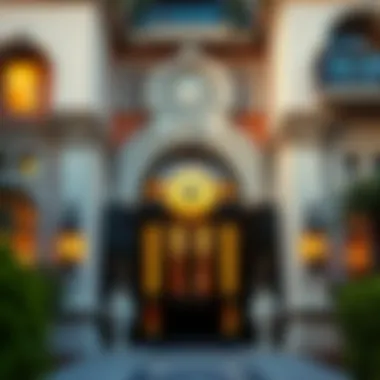 Elegant villa entrance showcasing intricate architectural details