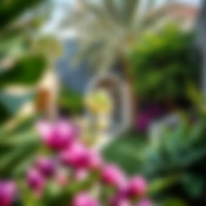 Lush backyard garden of a villa in Rashidiya